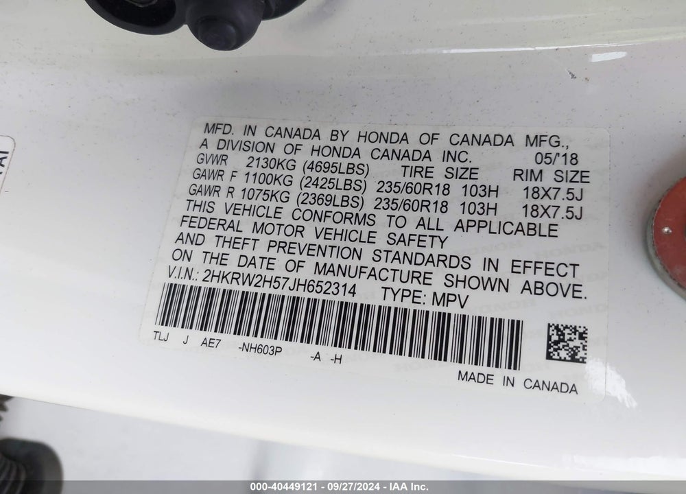 2018 HONDA CR-V EX VIN: 2HKRW2H57JH652314