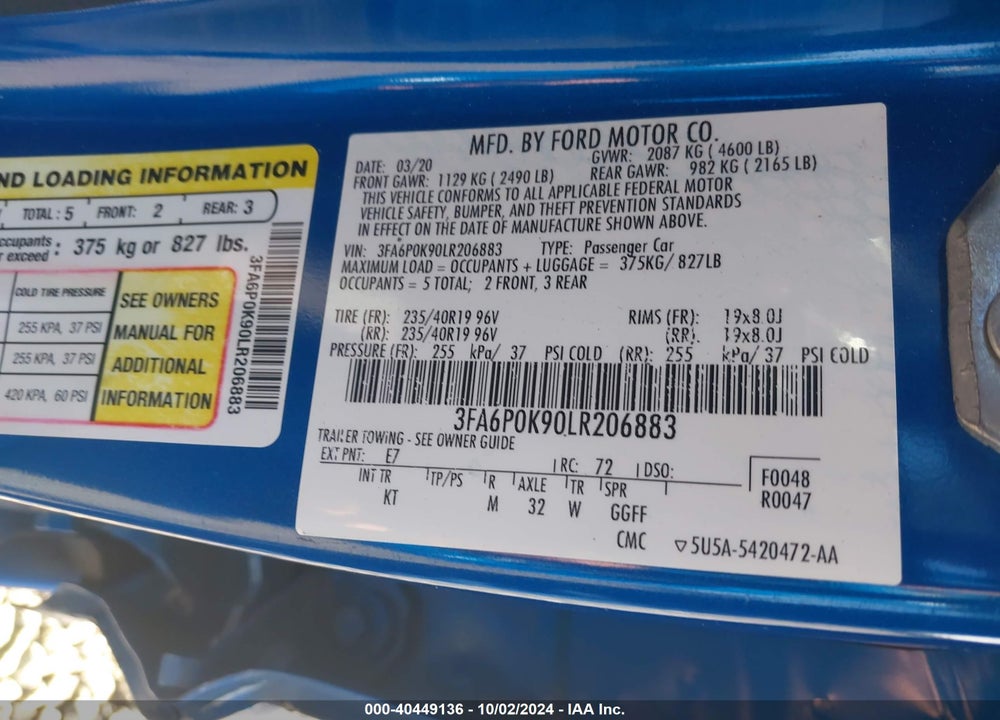 2020 FORD FUSION VIN: 3FA6P0K90LR206883