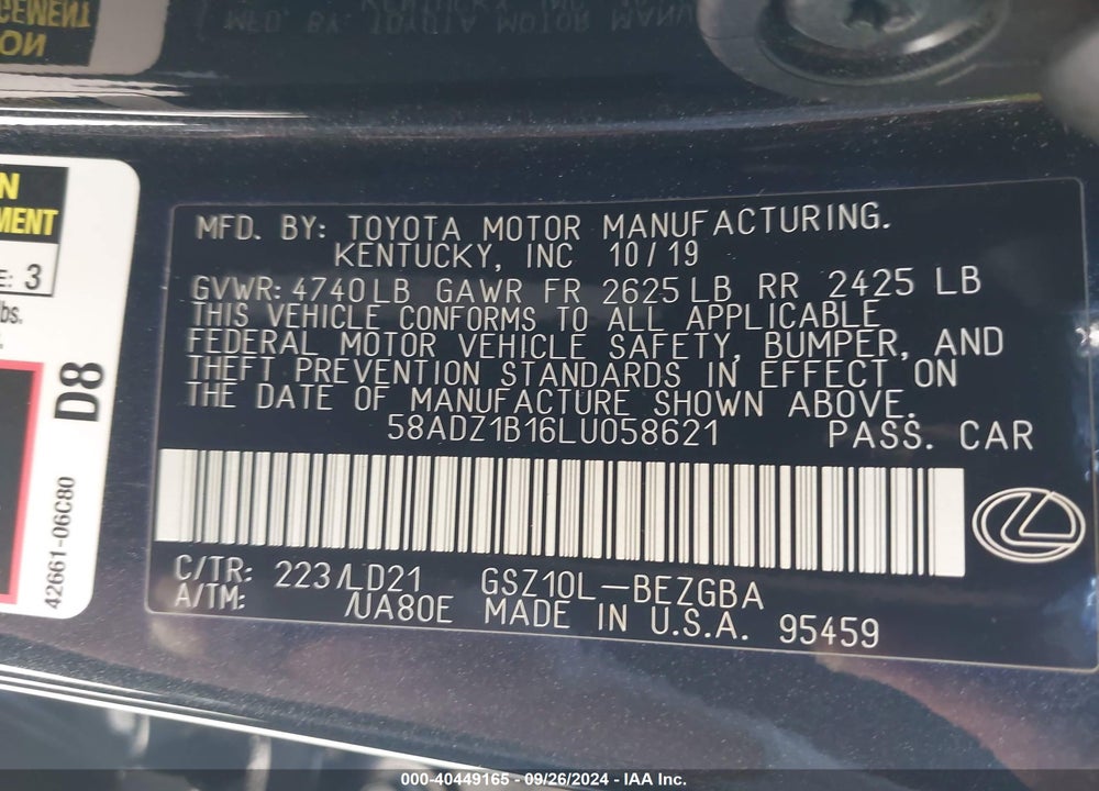 2020 LEXUS ES 350 VIN: 58ADZ1B16LU058621