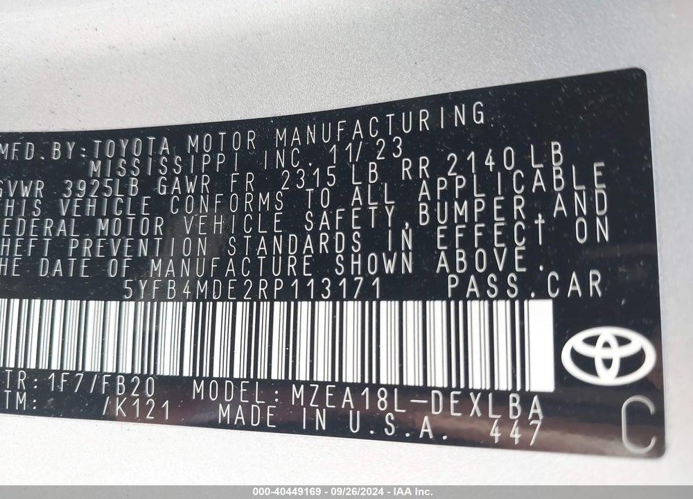 2024 TOYOTA COROLLA LE VIN: 5YFB4MDE2RP113171