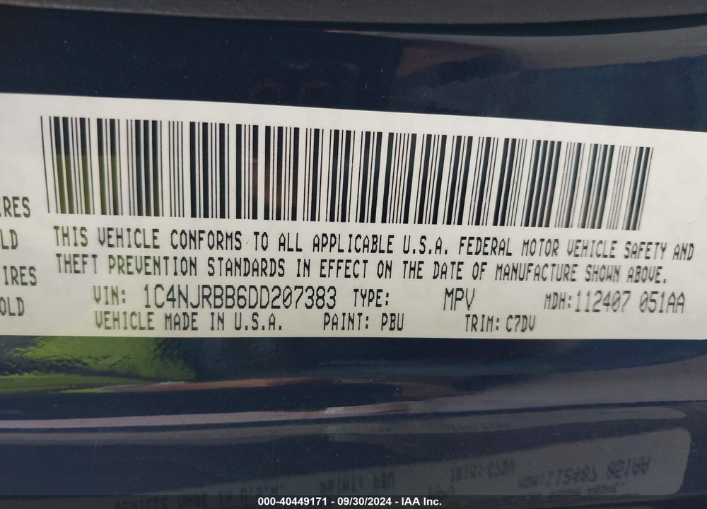 2013 JEEP PATRIOT SPORT VIN: 1C4NJRBB6DD207383