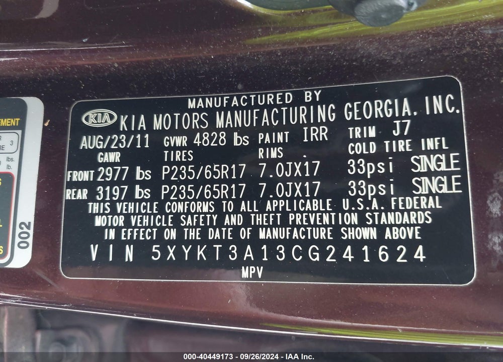 2012 KIA SORENTO LX VIN: 5XYKT3A13CG241624