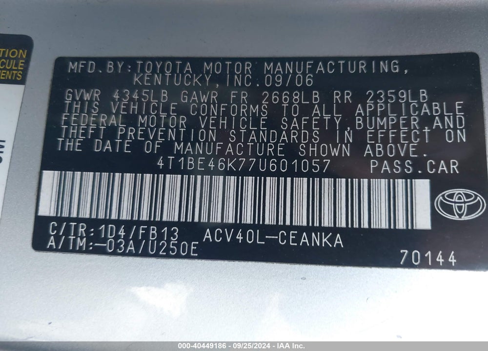 2007 TOYOTA CAMRY LE VIN: 4T1BE46K77U601057