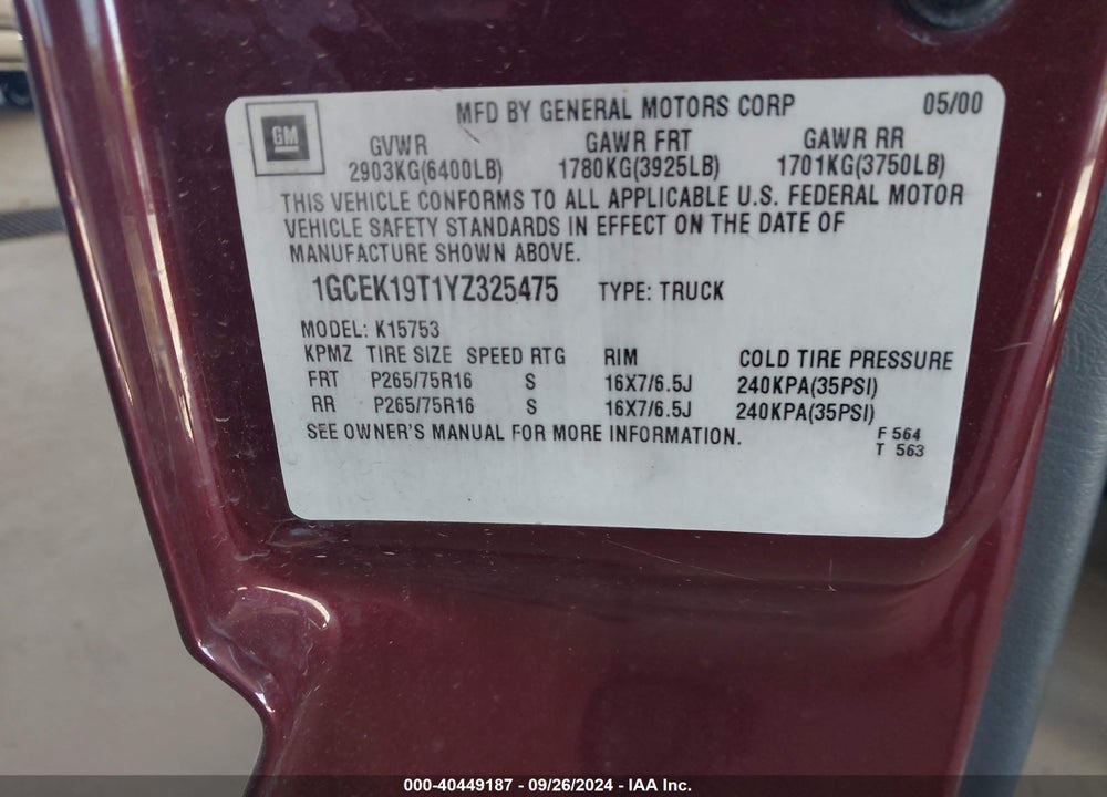 2000 CHEVROLET SILVERADO 1500 LS VIN: 1GCEK19T1YZ325475