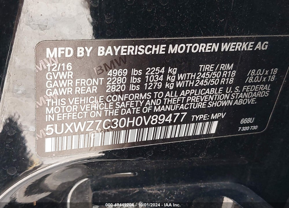 2017 BMW X3 SDRIVE28I VIN: 5UXWZ7C30H0V89477