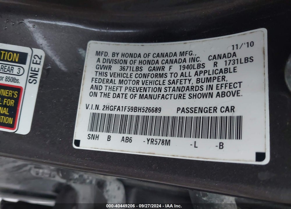 2011 HONDA CIVIC LX VIN: 2HGFA1F59BH526689
