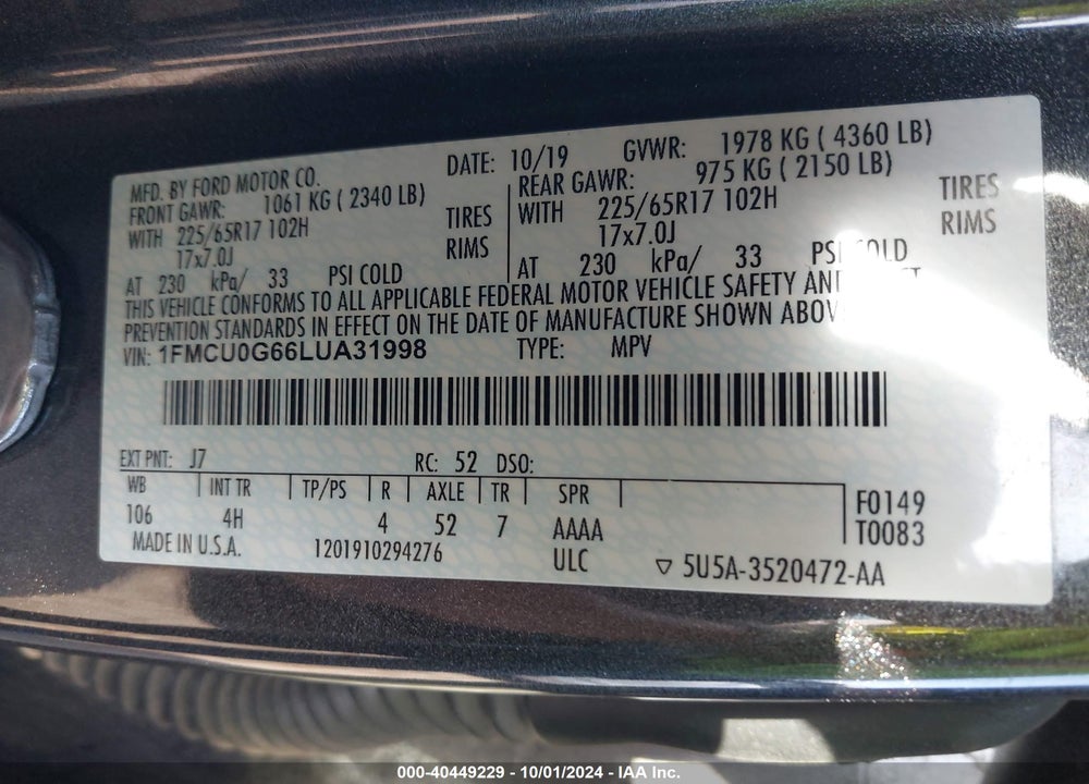 2020 FORD ESCAPE SE VIN: 1FMCU0G66LUA31998