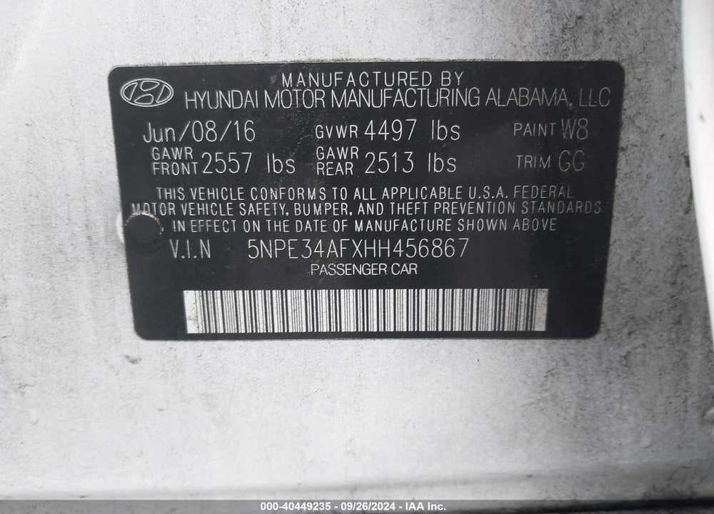 2017 HYUNDAI SONATA SPORT VIN: 5NPE34AFXHH456867