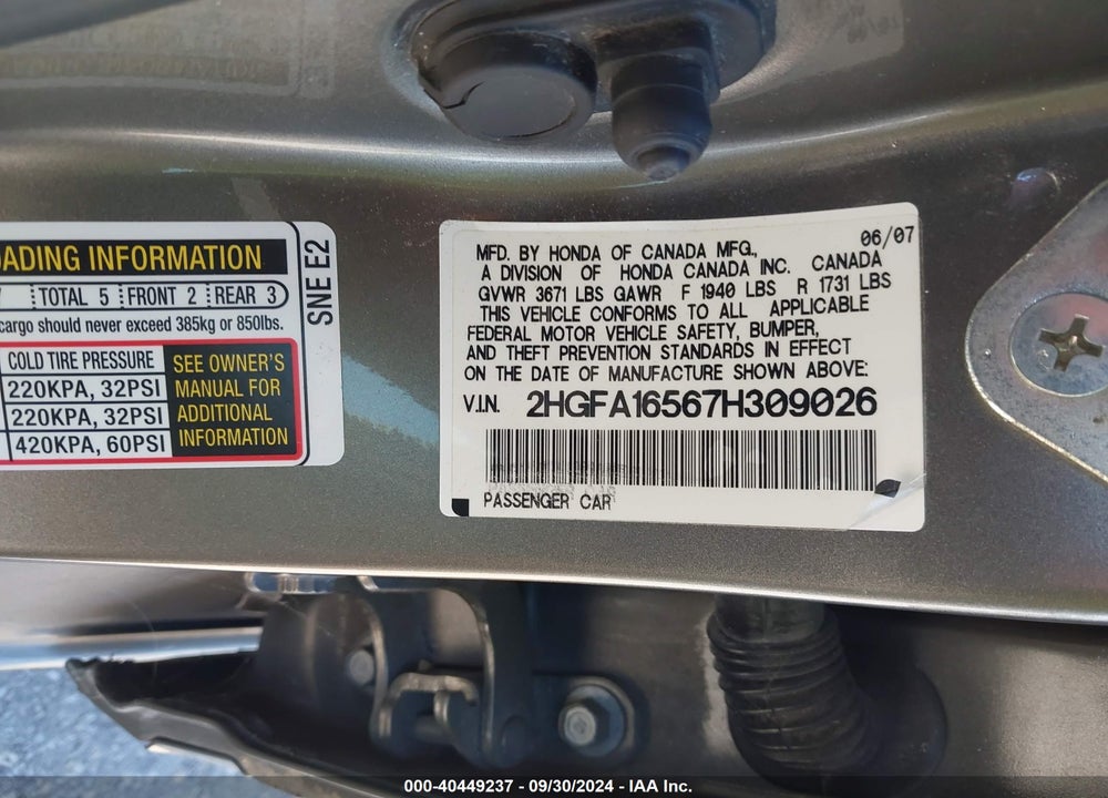 2007 HONDA CIVIC LX VIN: 2HGFA16567H309026