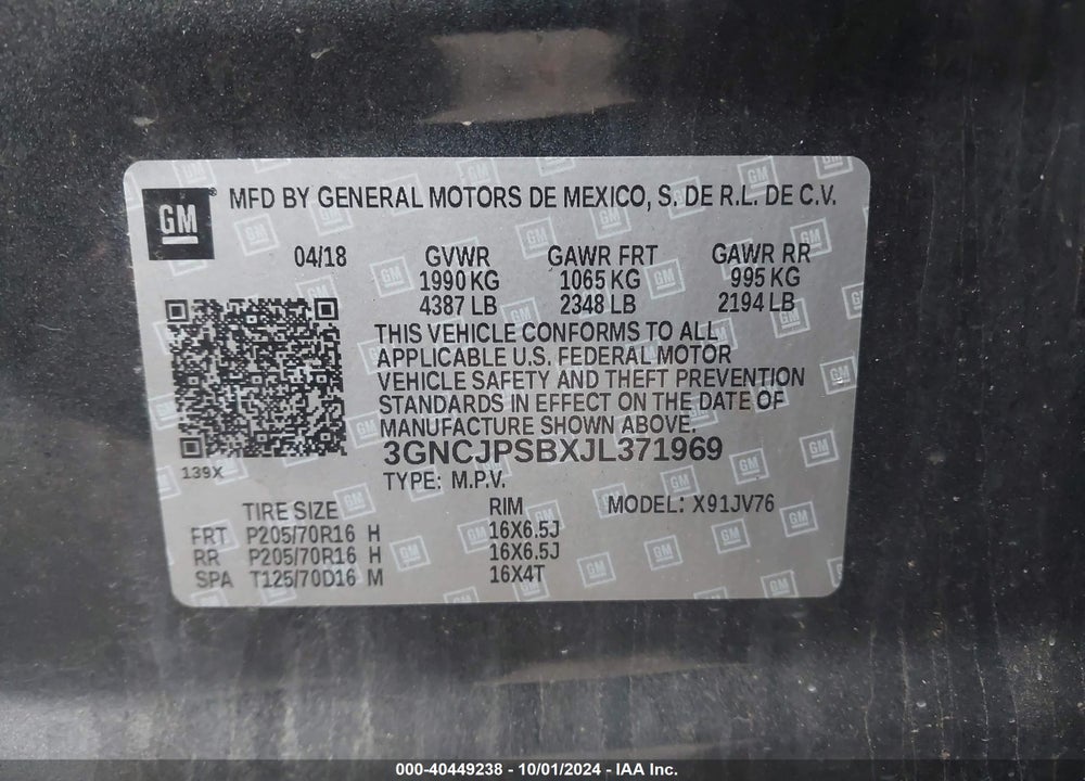 2018 CHEVROLET TRAX LT VIN: 3GNCJPSBXJL371969