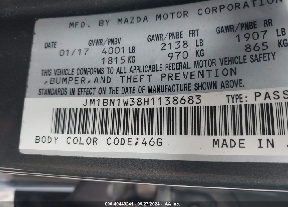 2017 MAZDA 3 GRAND TOURING VIN: JM1BN1W38H1138683