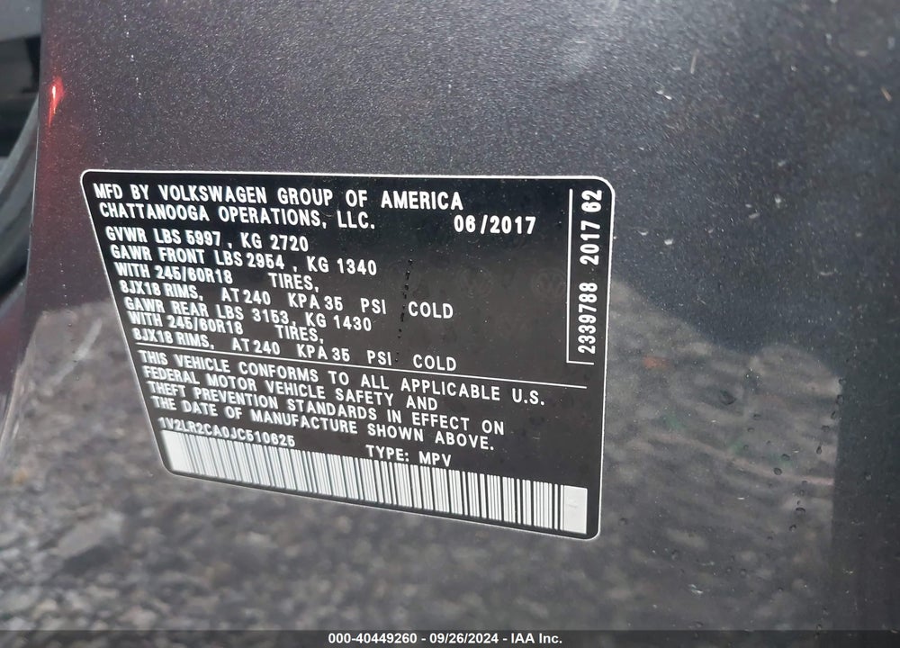 2018 VOLKSWAGEN ATLAS VIN: 1V2LR2CA0JC510625