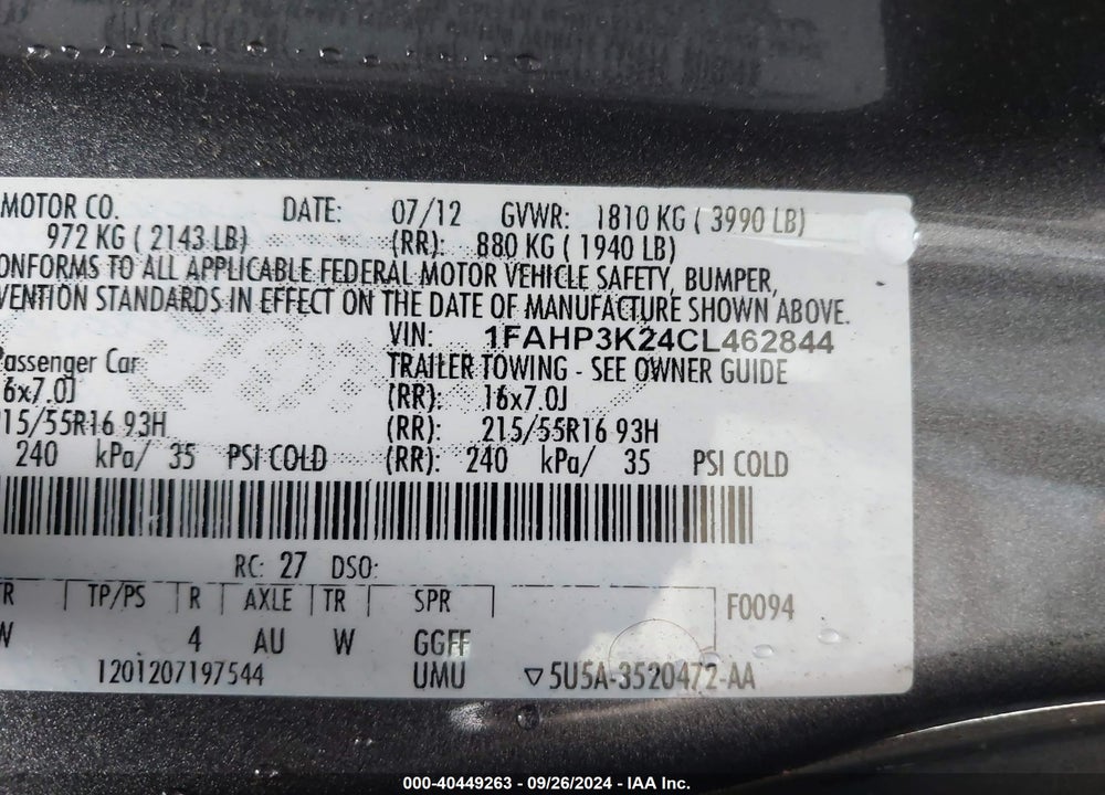 2012 FORD FOCUS SE VIN: 1FAHP3K24CL462844