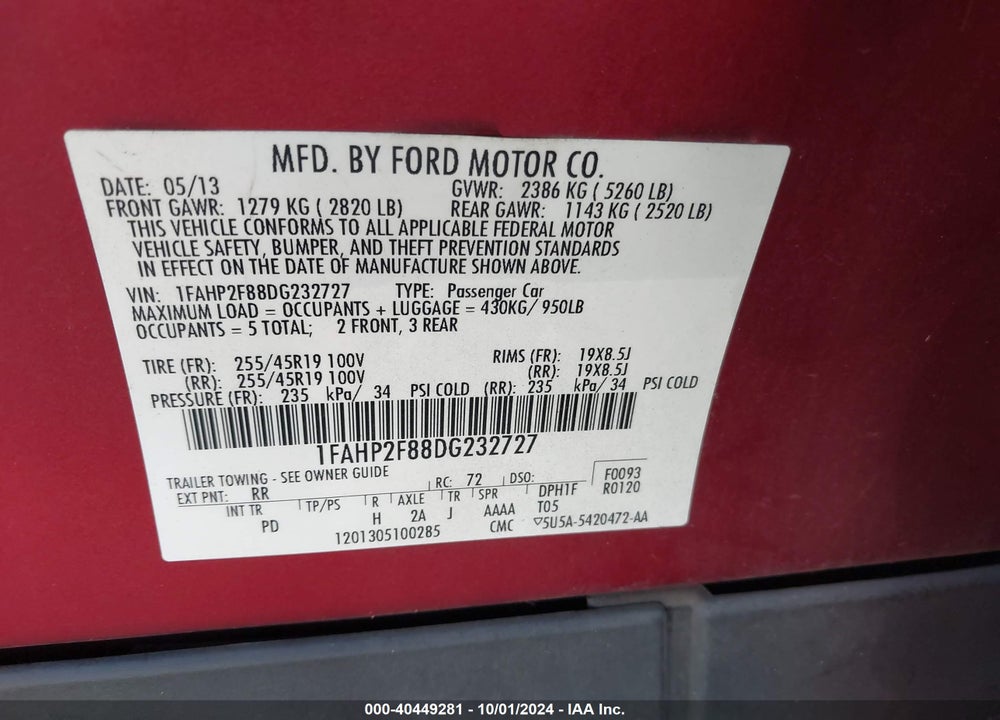 2013 FORD TAURUS LIMITED VIN: 1FAHP2F88DG232727