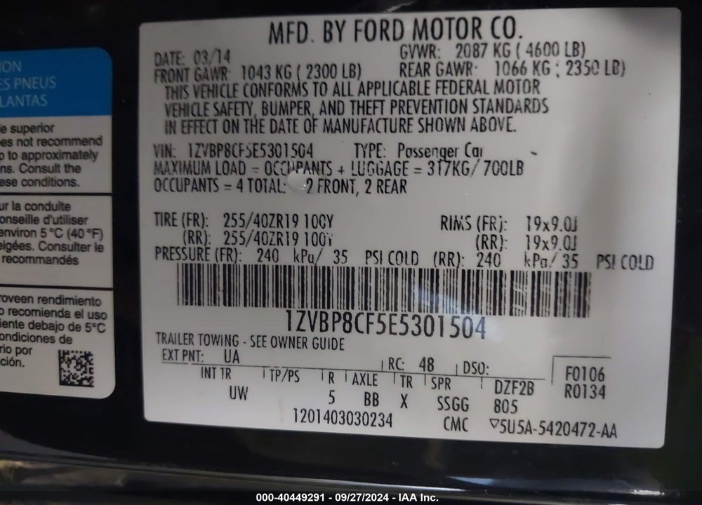 2014 FORD MUSTANG GT VIN: 1ZVBP8CF5E5301504