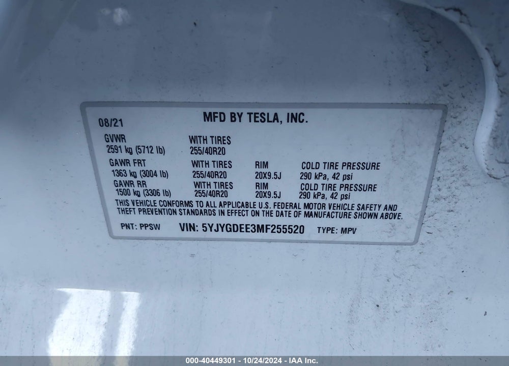 2021 TESLA MODEL Y LONG RANGE DUAL MOTOR ALL-WHEEL DRIVE VIN: 5YJYGDEE3MF255520