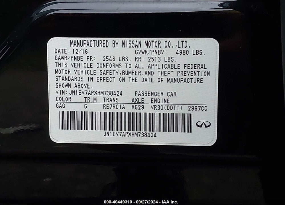 2017 INFINITI Q50 3.0T PREMIUM VIN: JN1EV7APXHM738424