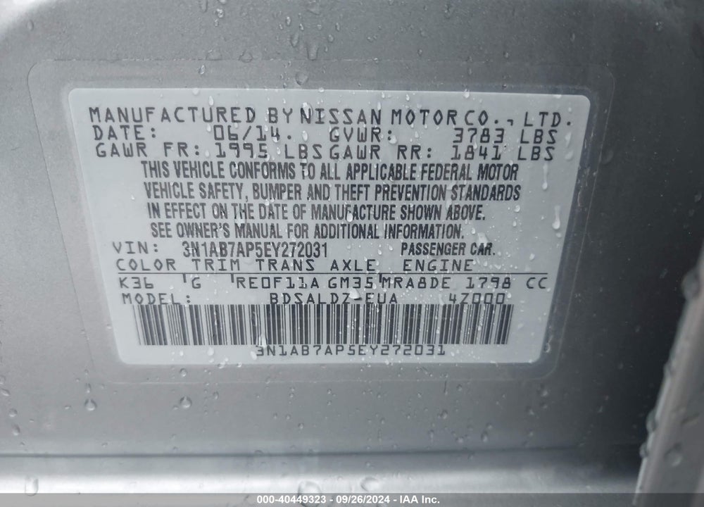 2014 NISSAN SENTRA FE+ S/FE+ SV/S/SL/SR/SV VIN: 3N1AB7AP5EY272031
