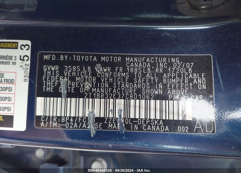 2007 TOYOTA COROLLA S VIN: 2T1BR32E37C801062
