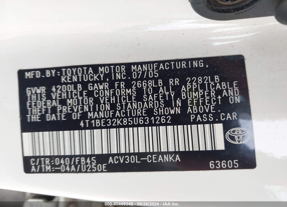 2005 TOYOTA CAMRY LE VIN: 4T1BE32K85U631262