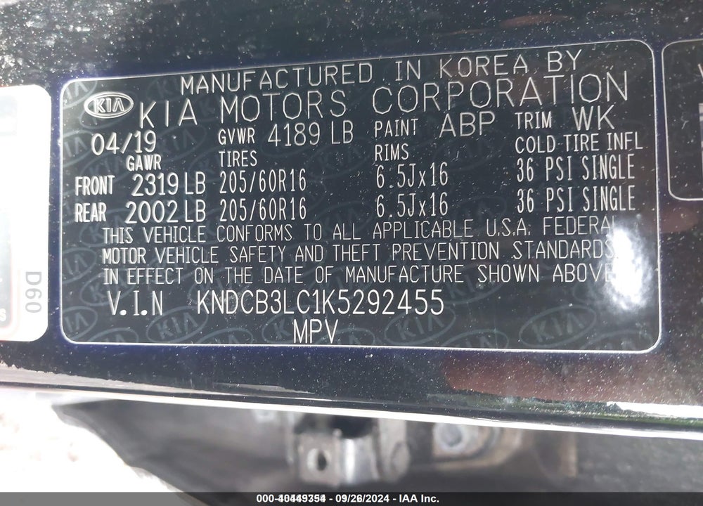 2019 KIA NIRO LX VIN: KNDCB3LC1K5292455