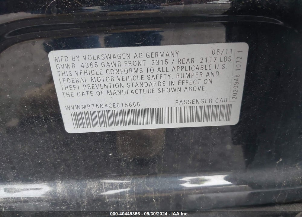 2012 VOLKSWAGEN CC R-LINE/SPORT VIN: WVWMP7AN4CE515655
