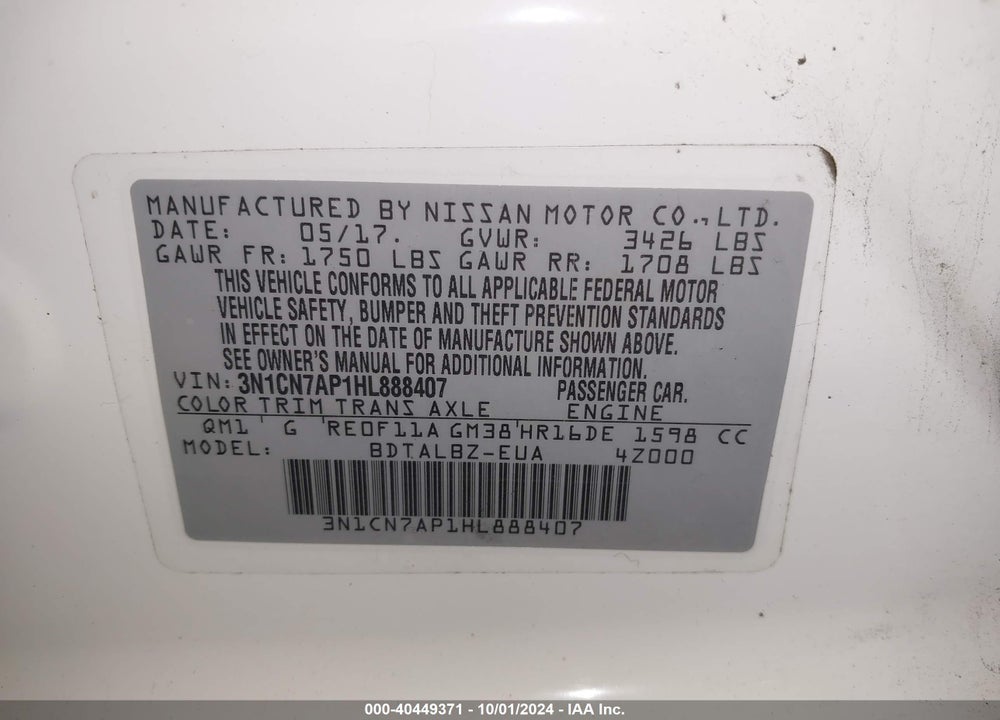 2017 NISSAN VERSA 1.6 SV VIN: 3N1CN7AP1HL888407