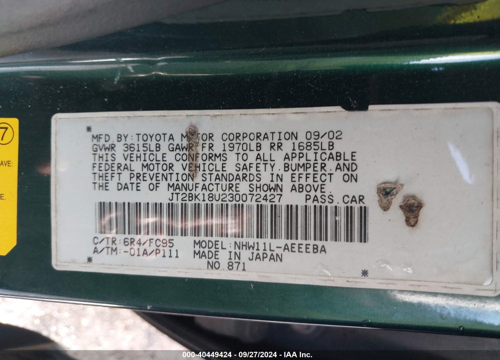 2003 TOYOTA PRIUS VIN: JT2BK18U230072427