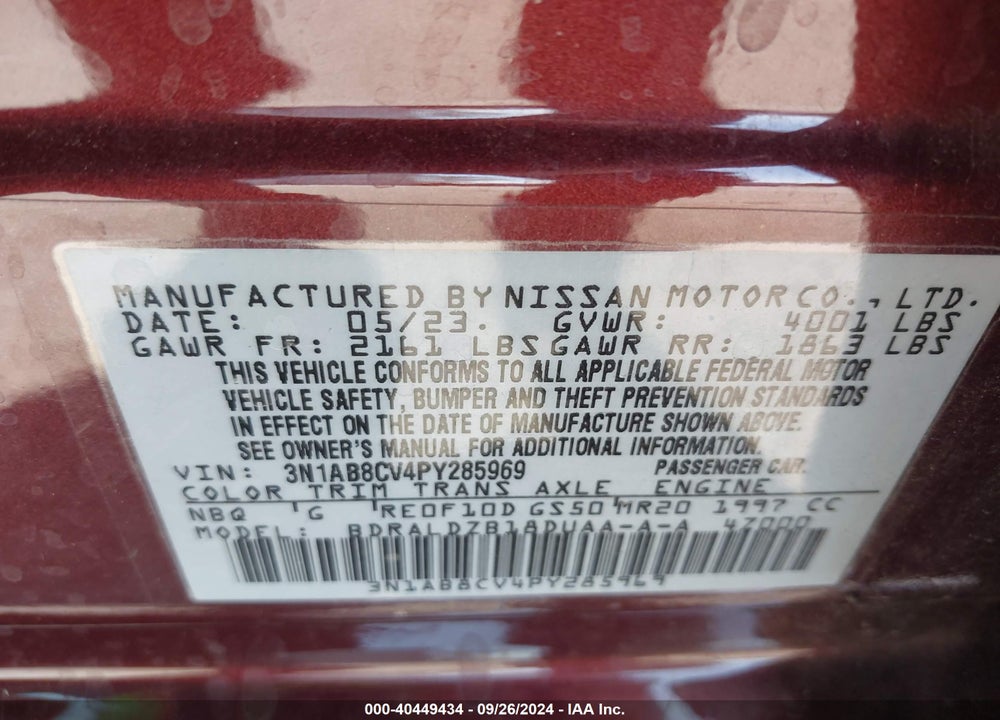 2023 NISSAN SENTRA SV XTRONIC CVT VIN: 3N1AB8CV4PY285969