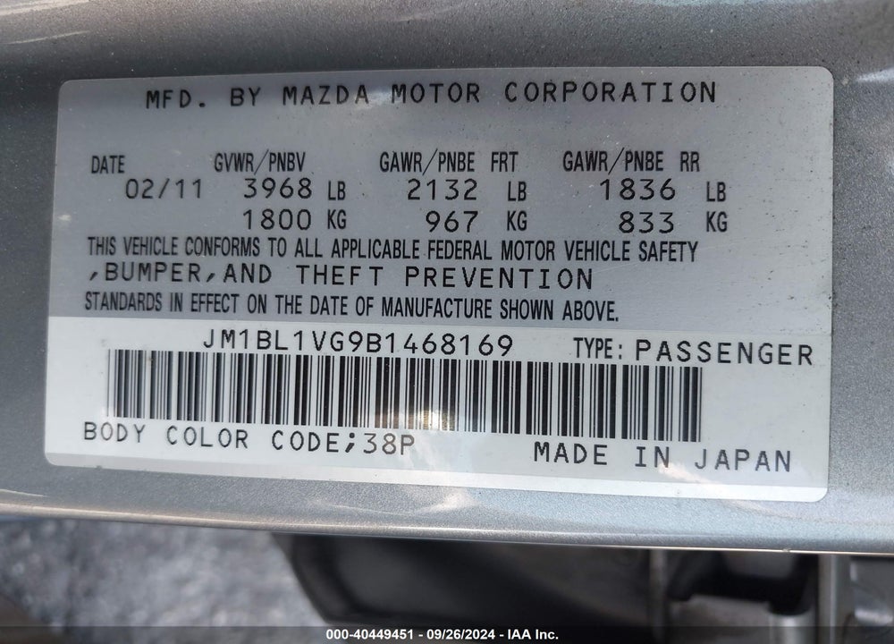 2011 MAZDA 3 I TOURING VIN: JM1BL1VG9B1468169