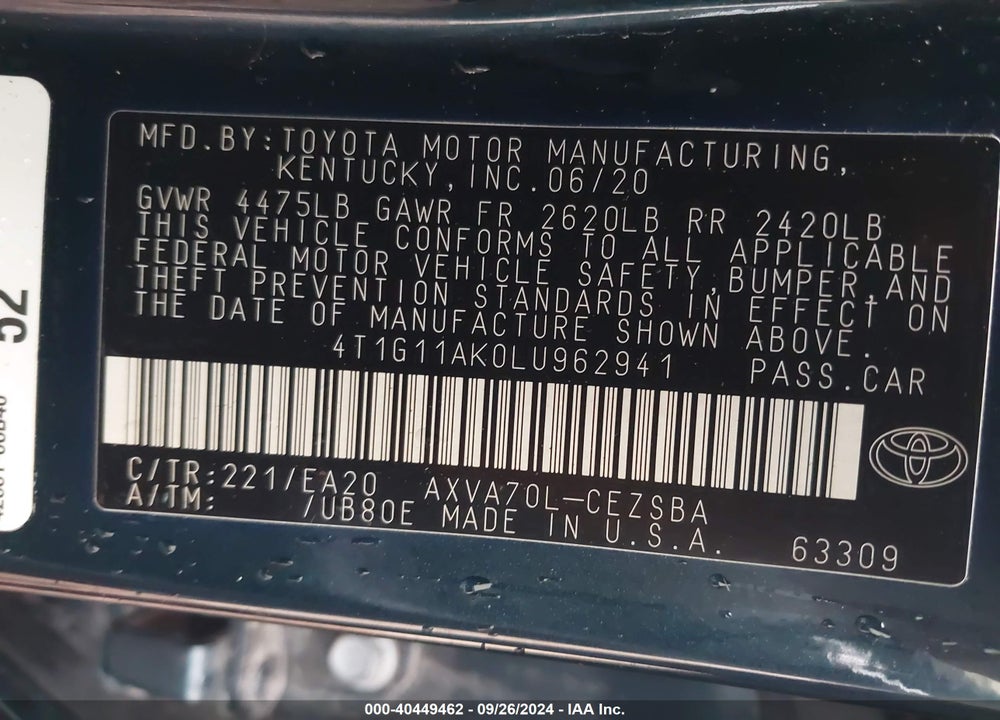 2020 TOYOTA CAMRY SE VIN: 4T1G11AK0LU962941