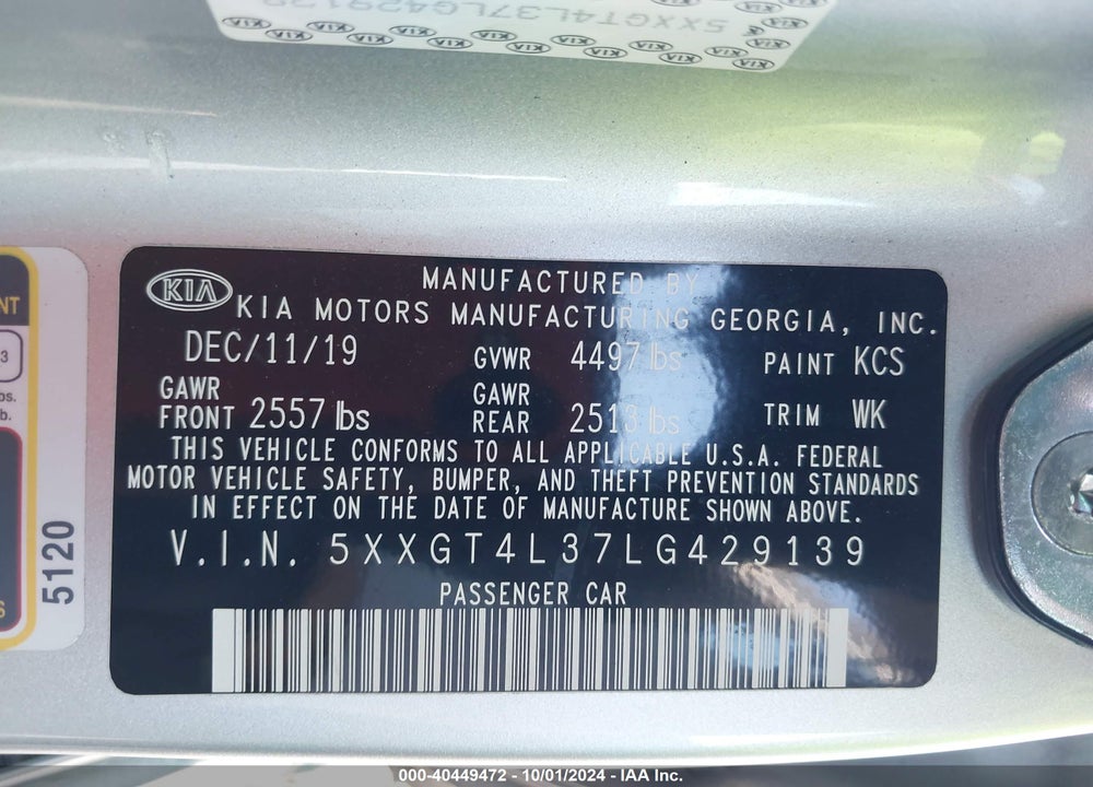2020 KIA OPTIMA LX VIN: 5XXGT4L37LG429139