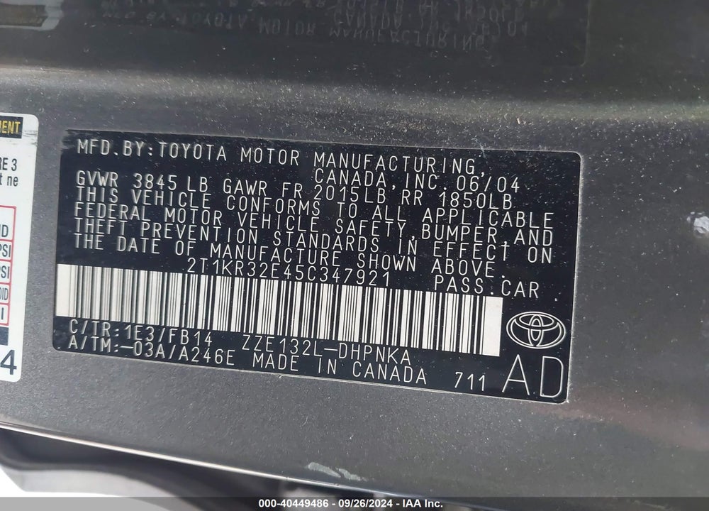 2005 TOYOTA MATRIX/XR VIN: 2T1KR32E45C347921