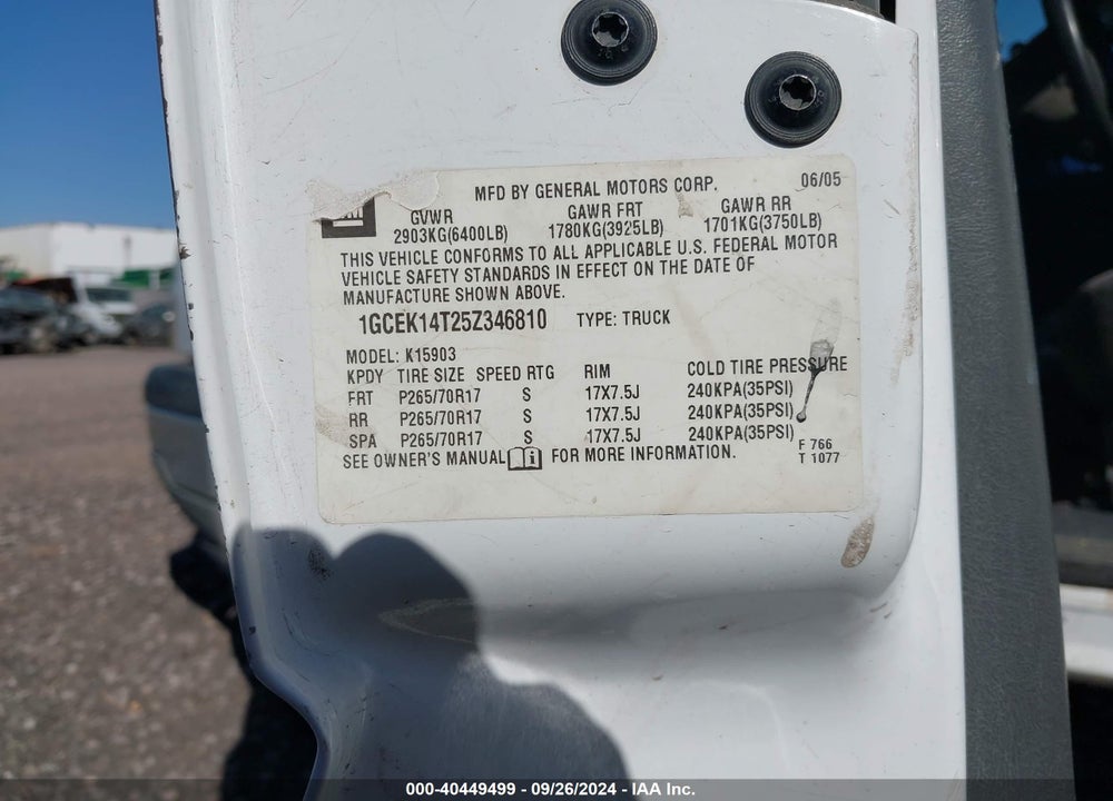 2005 CHEVROLET SILVERADO 1500 WORK TRUCK VIN: 1GCEK14T25Z346810