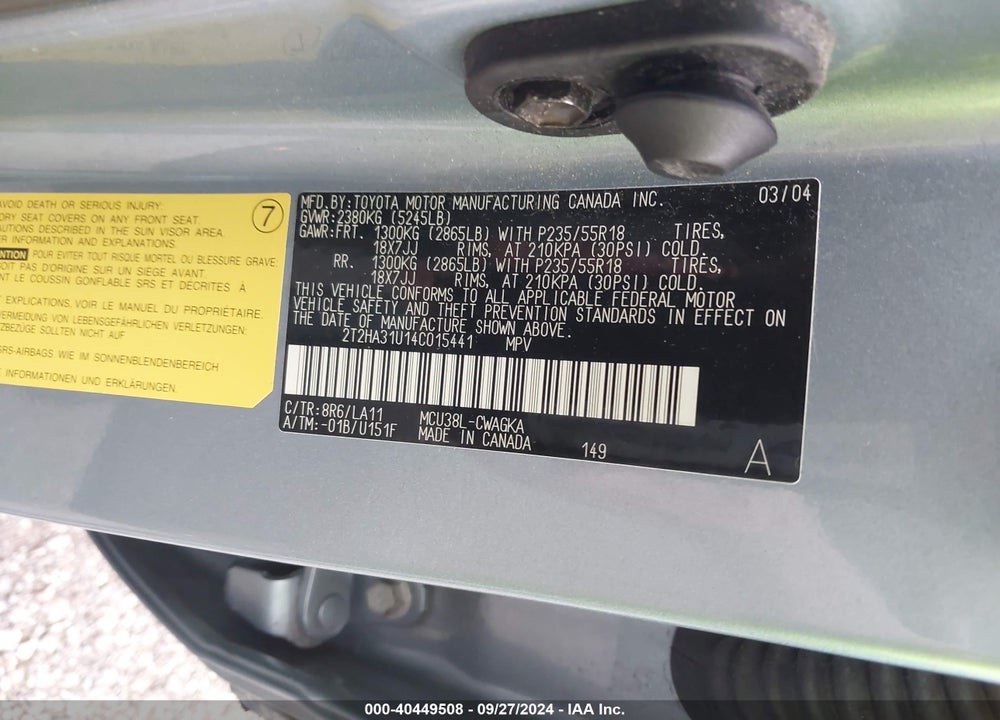 2004 LEXUS RX 330 VIN: 2T2HA31U14C015441