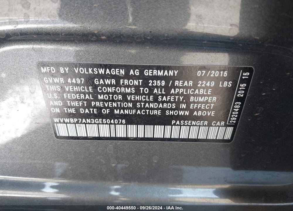 2016 VOLKSWAGEN CC 2.0T SPORT VIN: WVWBP7AN3GE504076
