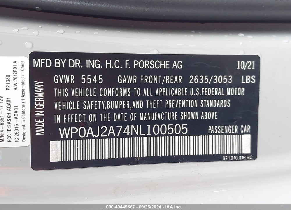 2022 PORSCHE PANAMERA 4 VIN: WP0AJ2A74NL100505