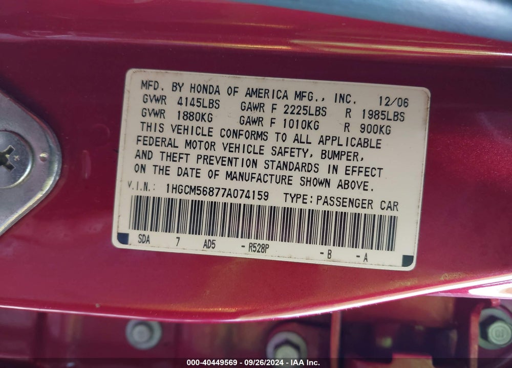 2007 HONDA ACCORD 2.4 EX VIN: 1HGCM56877A074159