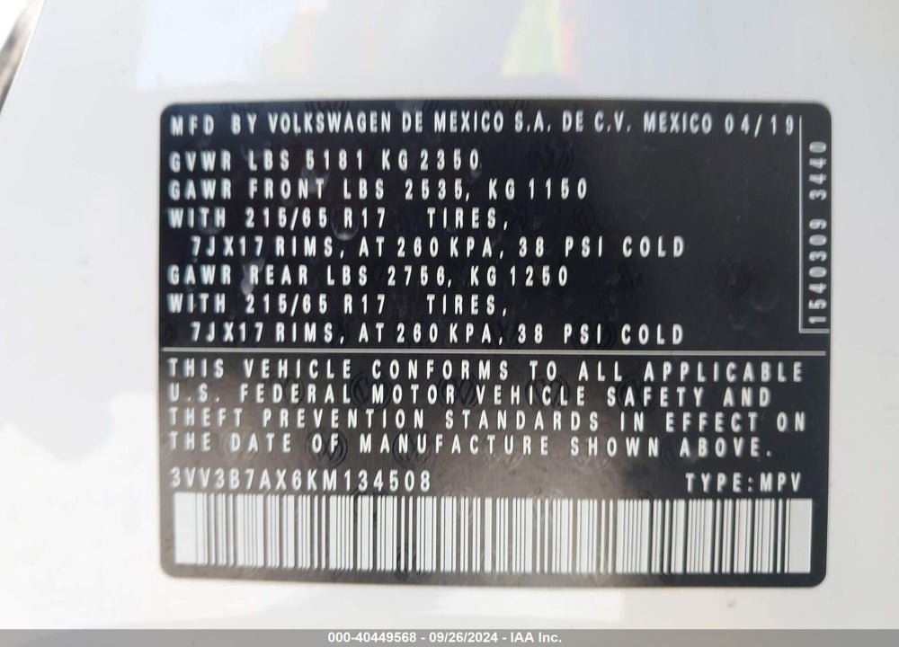 2019 VOLKSWAGEN TIGUAN 2.0T SE/2.0T SEL/2.0T SEL R-LINE/2.0T SEL R-LINE BLACK VIN: 3VV3B7AX6KM134508