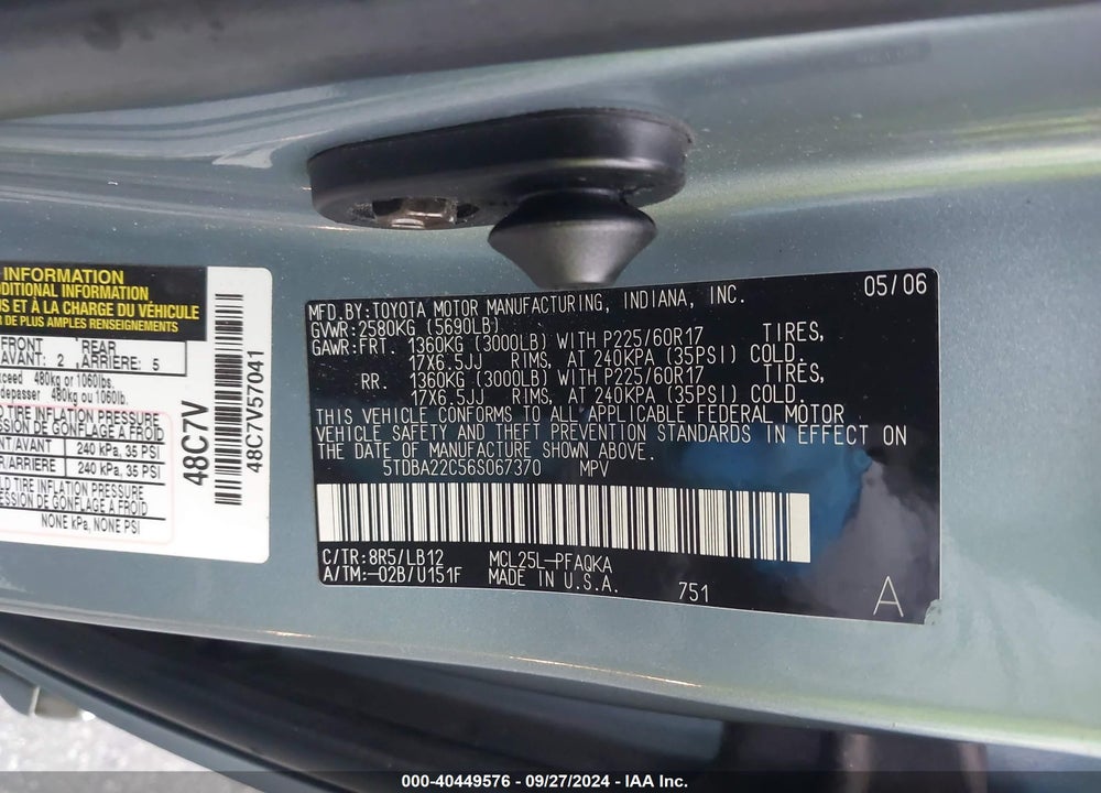 2006 TOYOTA SIENNA XLE LIMITED VIN: 5TDBA22C56S067370