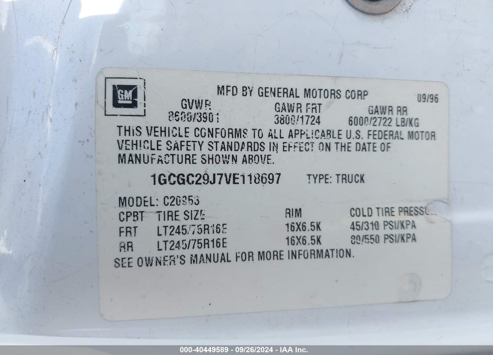 1997 CHEVROLET C2500 HD FLEETSIDE VIN: 1GCGC29J7VE118697