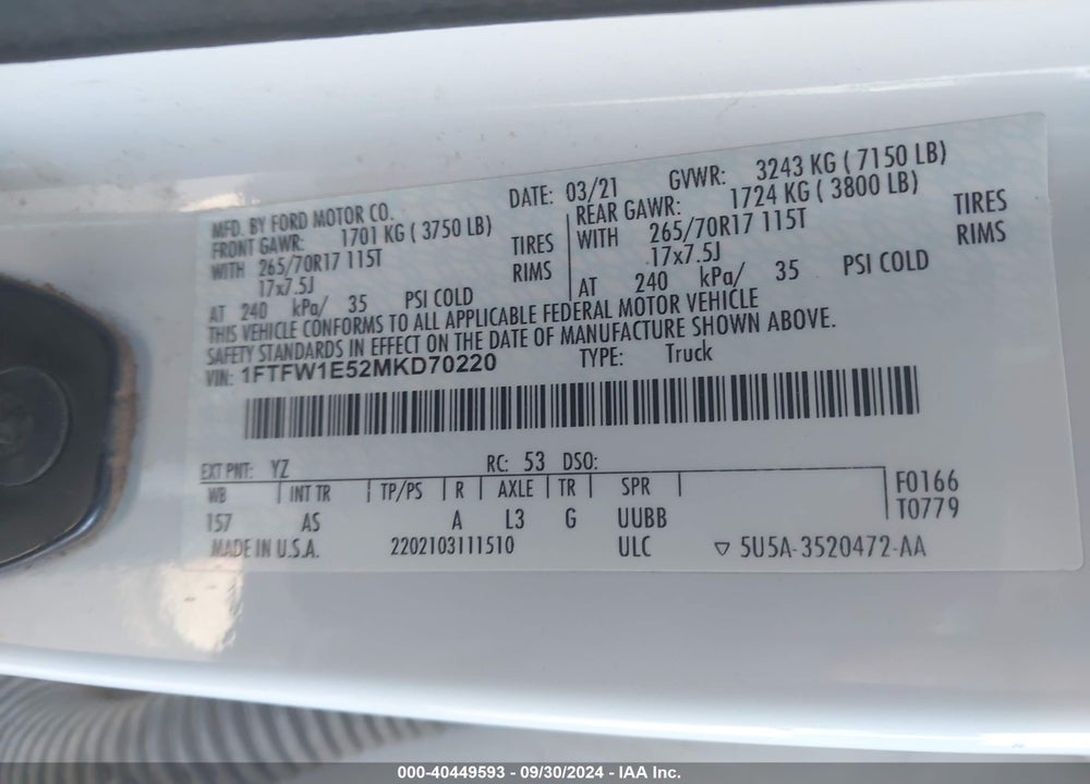 2021 FORD F-150 XL VIN: 1FTFW1E52MKD70220