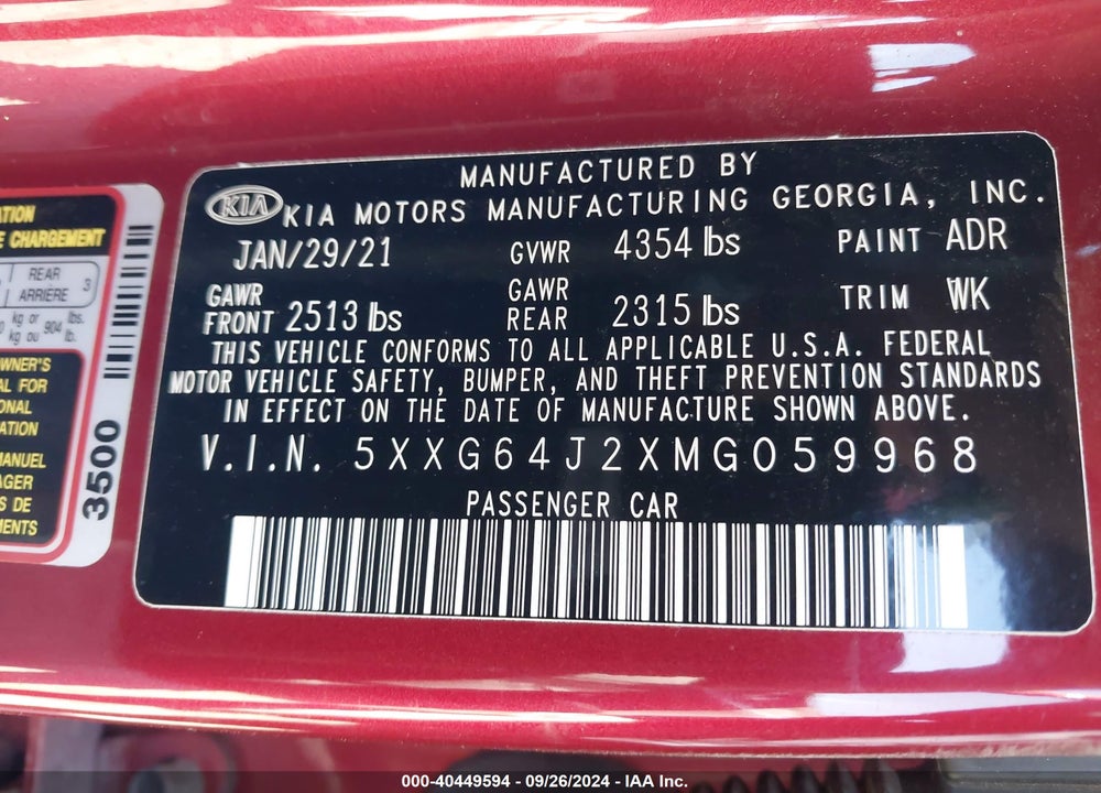 2021 KIA K5 GT LINE VIN: 5XXG64J2XMG059968