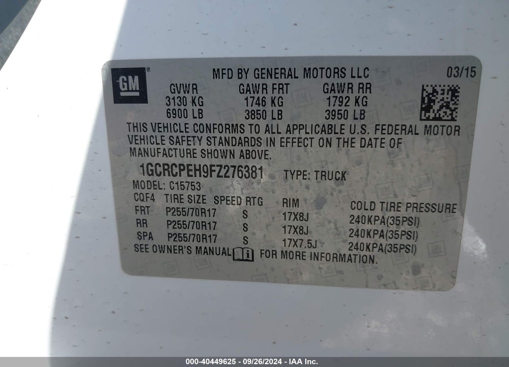 2015 CHEVROLET SILVERADO 1500 WT VIN: 1GCRCPEH9FZ276381