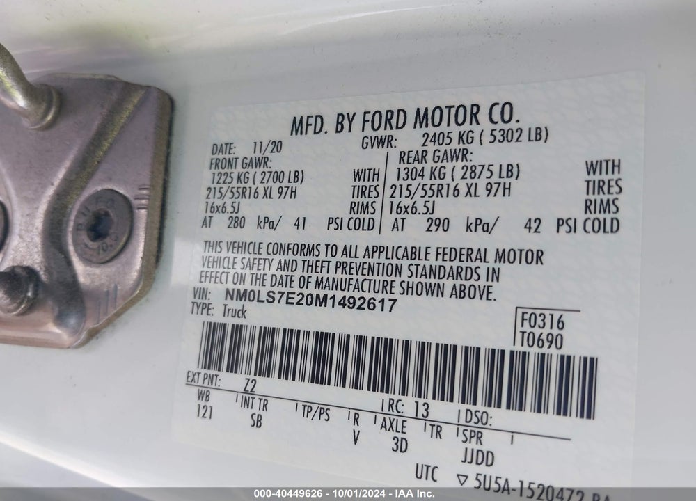 2021 FORD TRANSIT CONNECT XL CARGO VAN VIN: NM0LS7E20M1492617