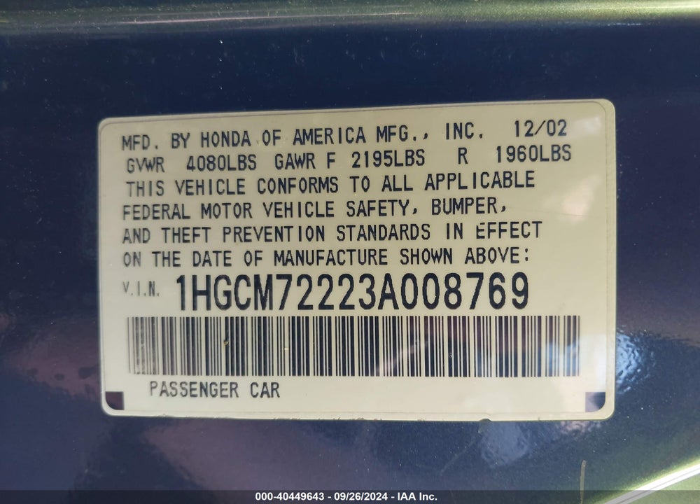 2003 HONDA ACCORD 2.4 LX VIN: 1HGCM72223A008769