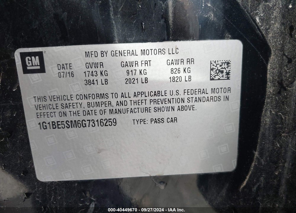 2016 CHEVROLET CRUZE LT AUTO VIN: 1G1BE5SM6G7316259