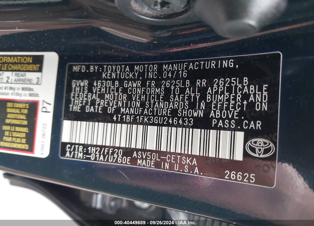 2016 TOYOTA CAMRY SE VIN: 4T1BF1FK3GU246433