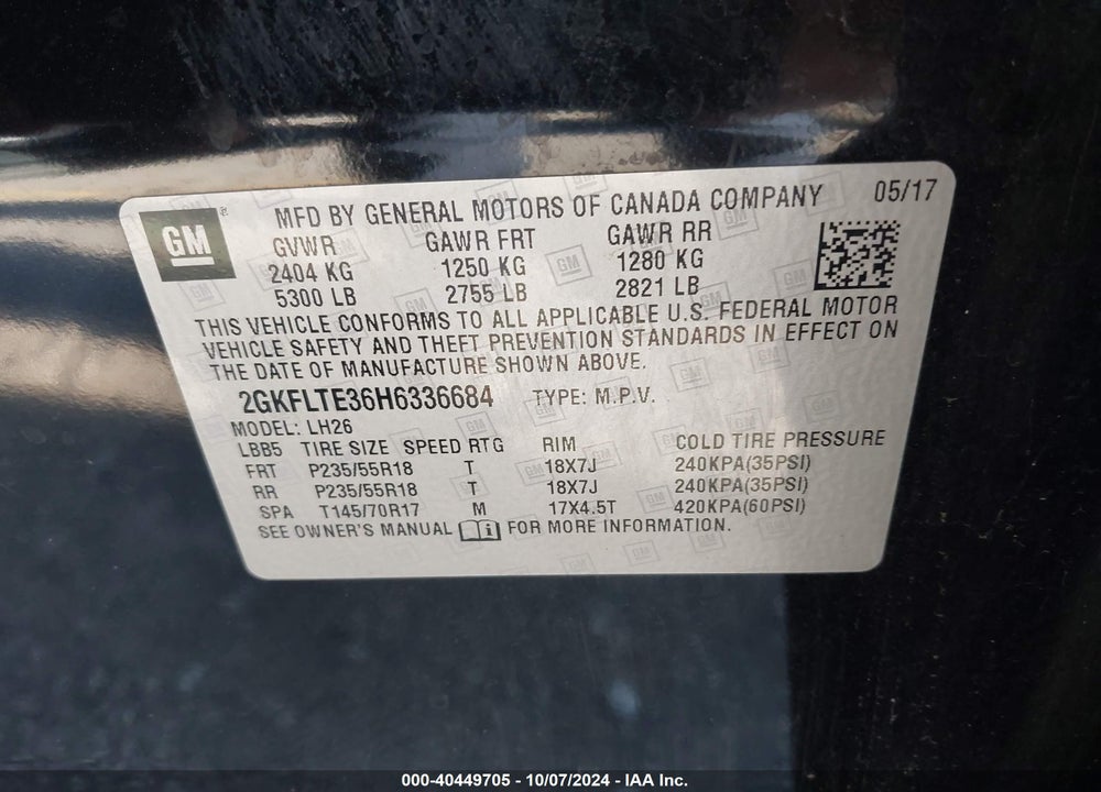 2017 GMC TERRAIN SLE-2 VIN: 2GKFLTE36H6336684