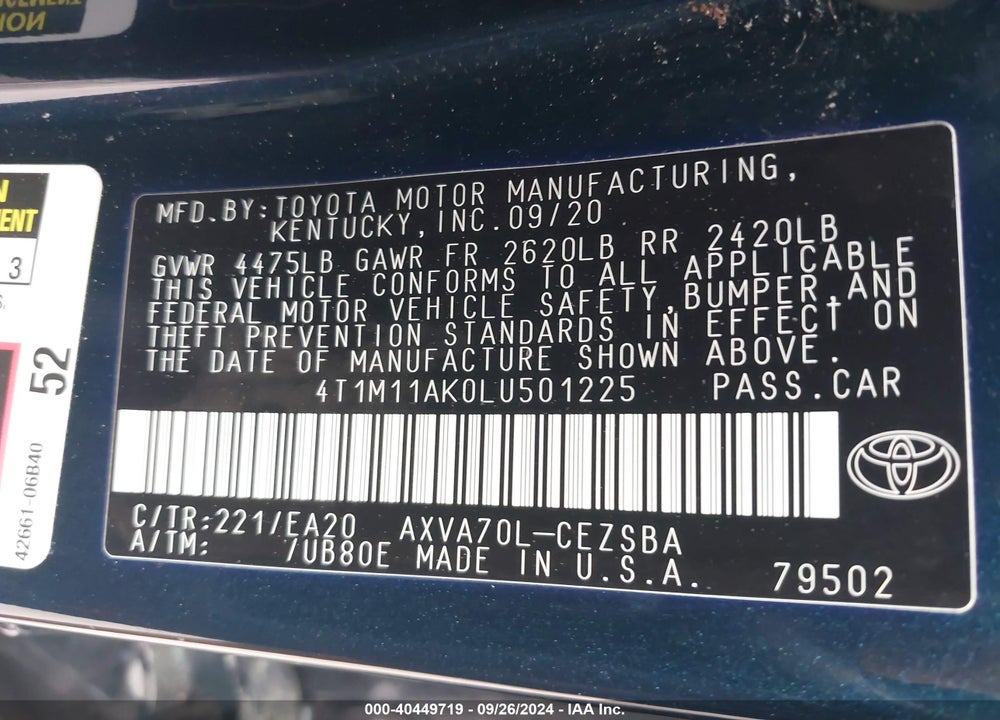 2020 TOYOTA CAMRY SE VIN: 4T1M11AK0LU501225